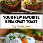 Close-up of avocado toast topped with poached egg and sliced chicken, a fresh Egg And Avocado Breakfast plate.